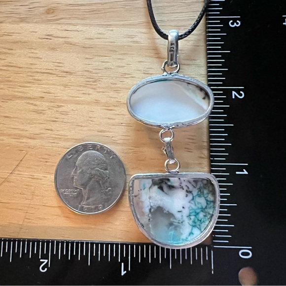 New Blue Enhanced Dendritic Opal Stone Silver Overlay Pendant Necklace w Cord - Picture 4 of 9